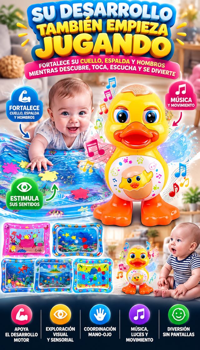 🌟 ¡SU DESARROLLO TAMBIÉN EMPIEZA JUGANDO! Llévate los 2: 💦 Tapete Acuático + 🐥 Pato Didáctico Musical