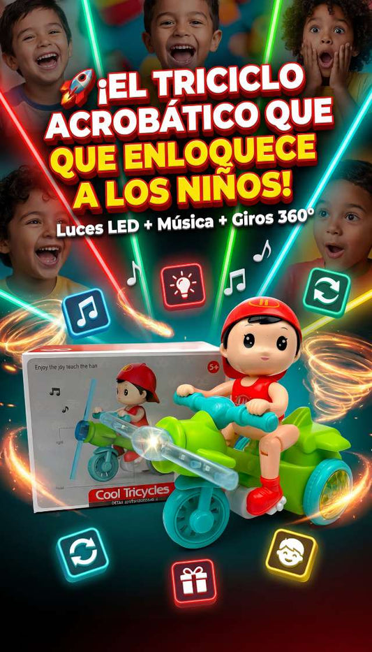 "Triciclo Acrobático con Luces LED, Música y Giros 360° — ¡Diversión Sin Límites!"
